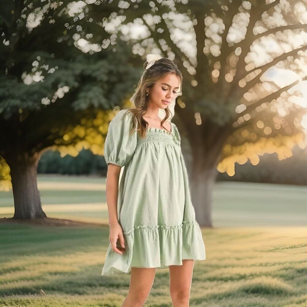Klesis Mini Dress Women L Sage Green Lined Smocking Cottage Square Neck NWT‎ $54